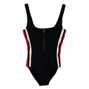 Vintage Mainstream Ribbed One Piece Swimsuit Women 10 Zip Front Stripe Retro